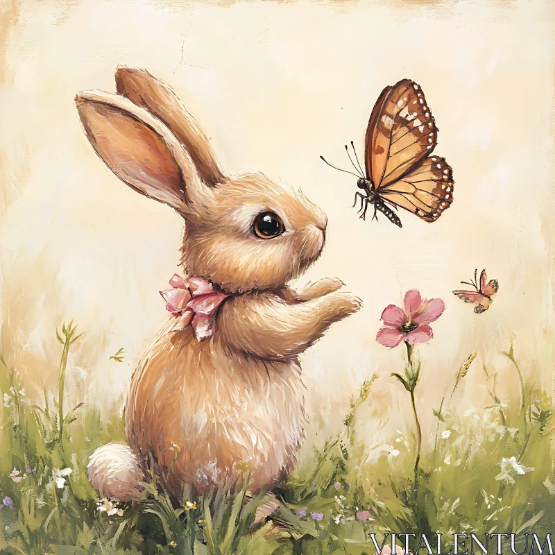 Rabbit with Butterfly in Meadow AI Image