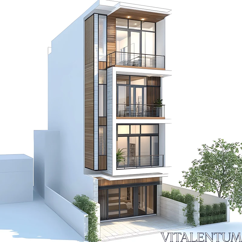 Modern Urban House Design with Large Windows and Wooden Accents AI Image