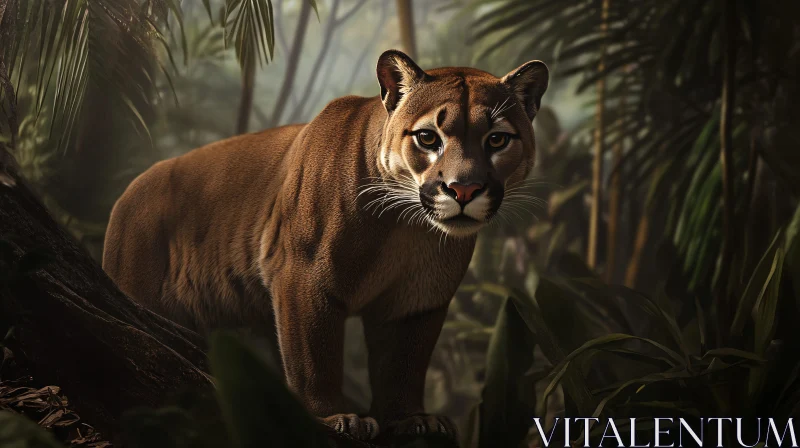 Mountain Lion Portrait in Lush Forest AI Image