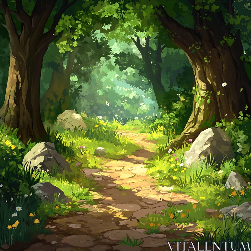 Enchanting Sunlit Forest Trail AI Image