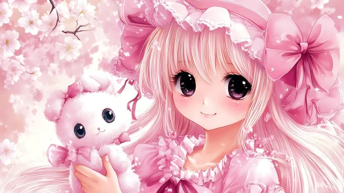 Delightful Anime Girl in Pink with Blossom Background