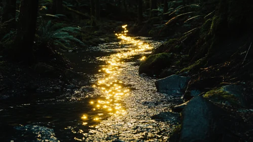 Peaceful Forest Stream with Sunlight Reflections