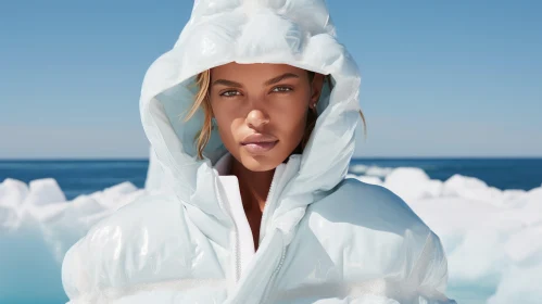 Serene Beauty: A Young Woman in a White Puffer Jacket Amidst the Ocean