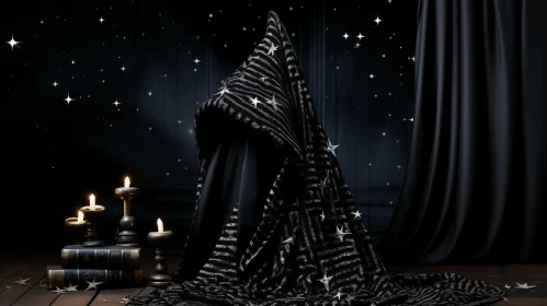 Surreal Witch's Robe Covered with Silver Stars on a Dark Night - UHD Image
