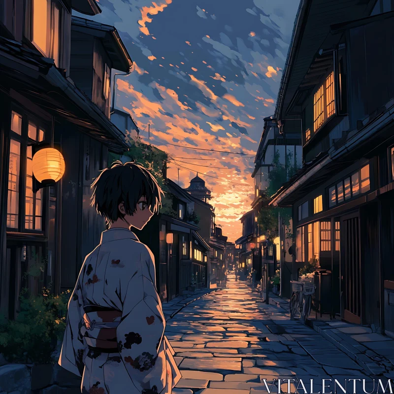 Anime Art: Sunset in a Traditional Japanese Street AI Image