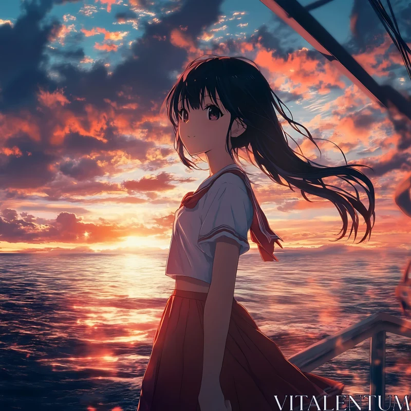 Sunset by the Sea with Anime Girl AI Image