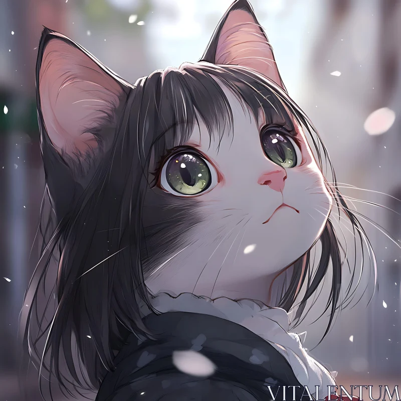 Cute Anime Cat Portrait with Green Eyes AI Image