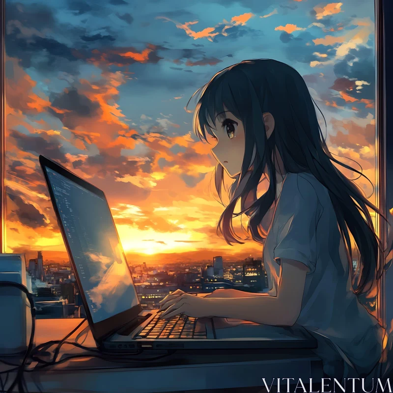 Anime Girl Working on Laptop During Sunset AI Image