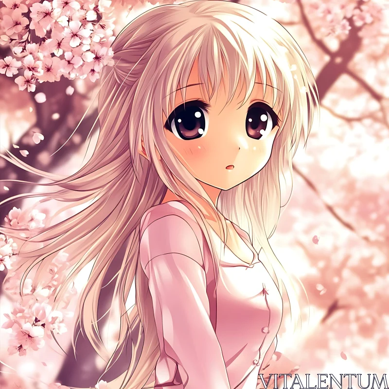 Springtime Anime Girl with Cherry Blossom Background AI Image