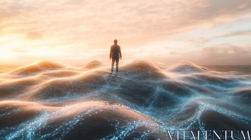 Man on Luminous Waves at Sunset AI Image