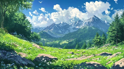 Idyllic Mountain Scene with Lush Green Meadow