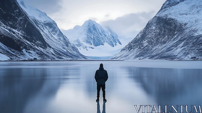 Man Contemplates Snowy Mountain Landscape AI Image