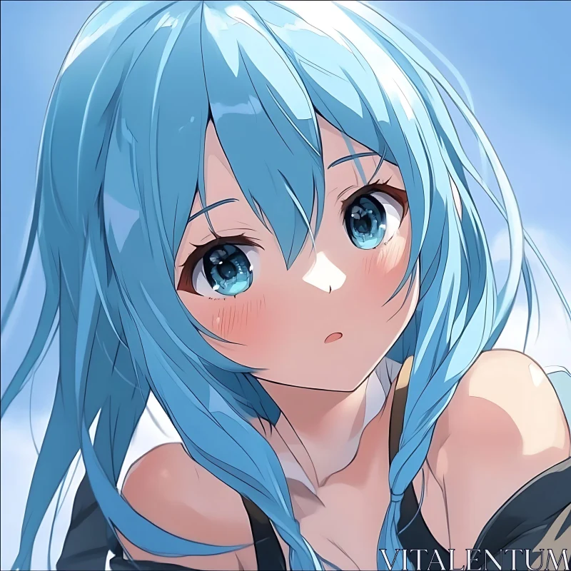 Close-up of Anime Girl with Blue Hair and Blue Eyes AI Image