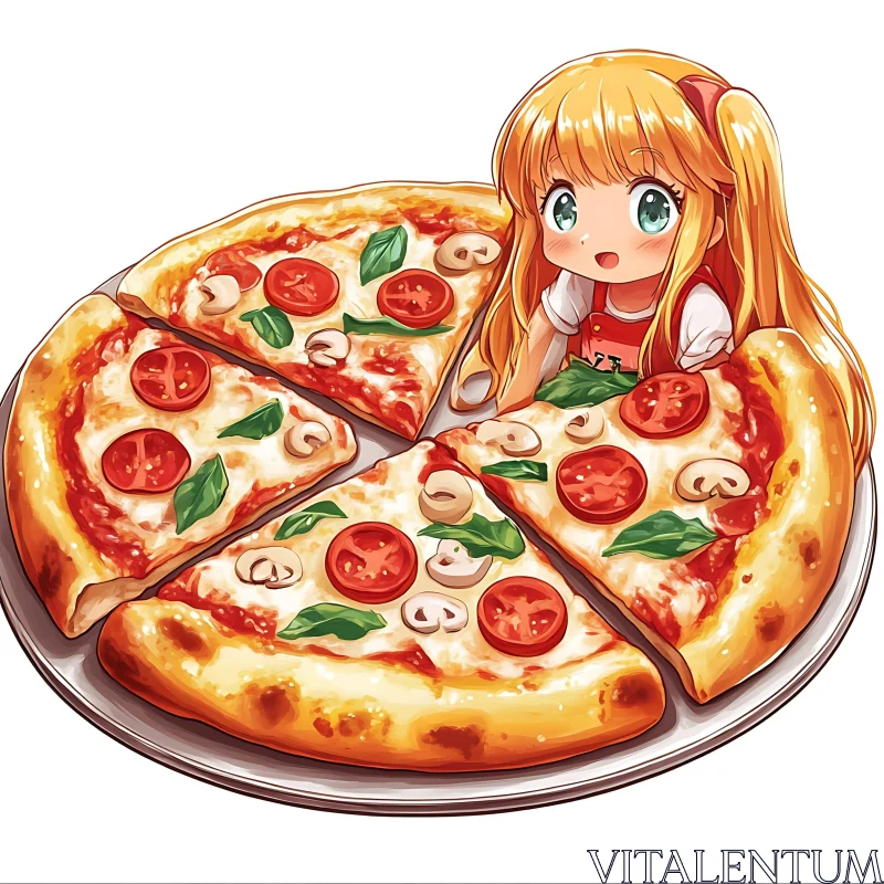 Playful Anime Girl and Pizza Artwork AI Image