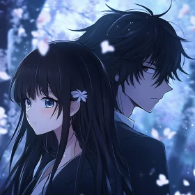 Melancholic Anime Pair Surrounded by Blossoms