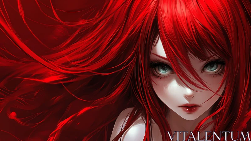 Intense Anime Girl with Red Hair and Blue Eyes AI Image