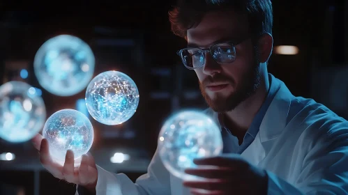 Scientist with Glowing Network Orbs