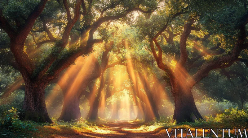 Sunlit Forest Trees and Path AI Image