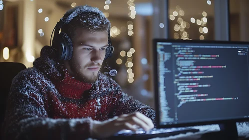 Man Coding in Winter Wonderland