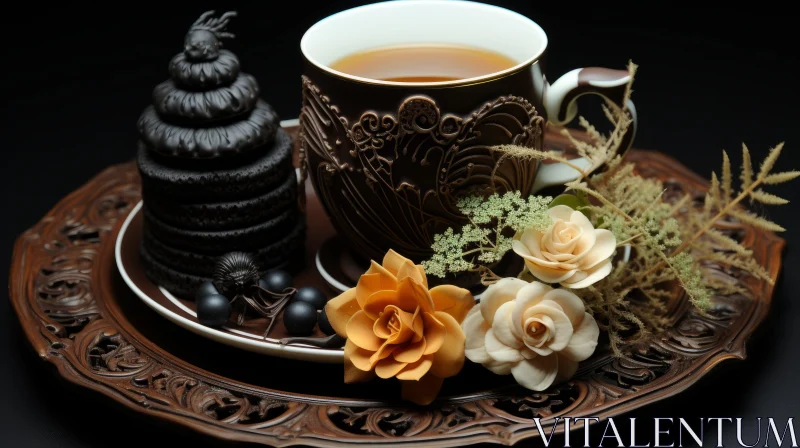 Captivating Still Life: Tea Cup on Black Tray | Natural and Man-Made Elements AI Image