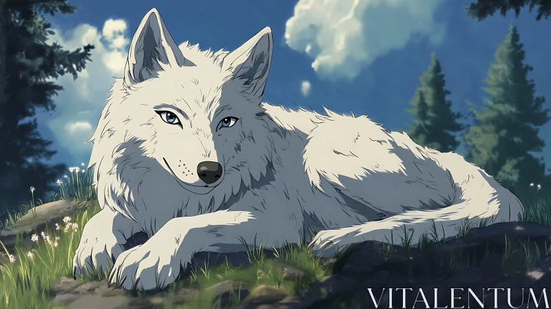 Resting White Wolf Portrait in Nature AI Image