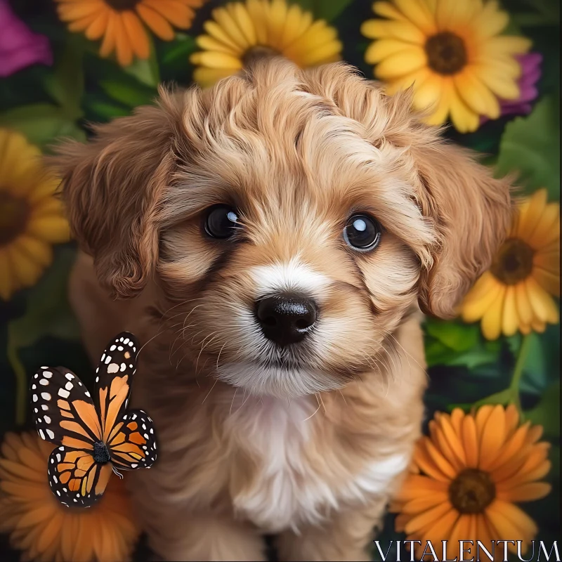 AI ART Puppy Surrounded by Flowers and Butterfly