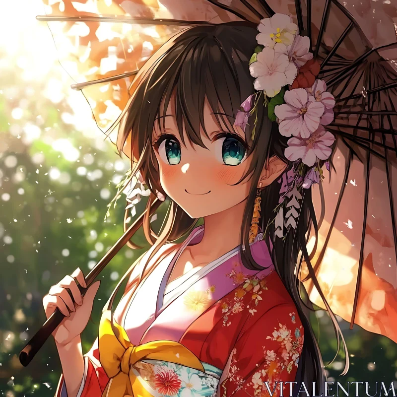 Adorable Anime Girl in Floral Kimono with Umbrella AI Image