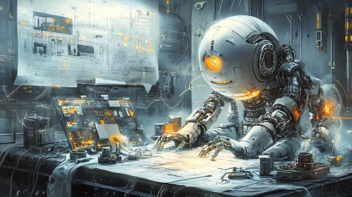 Robotic Engineer Examining Technical Drawings