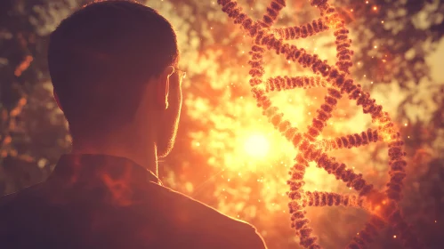 Man Contemplates Luminous DNA Structure