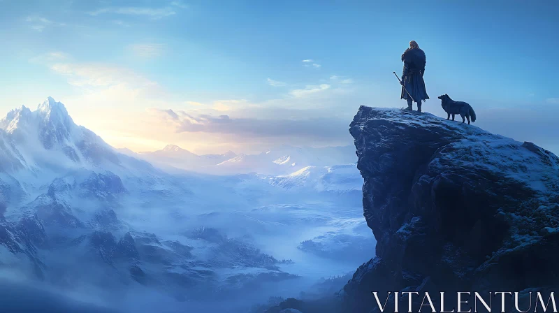 Winter Mountain Vista with Figure and Wolf AI Image