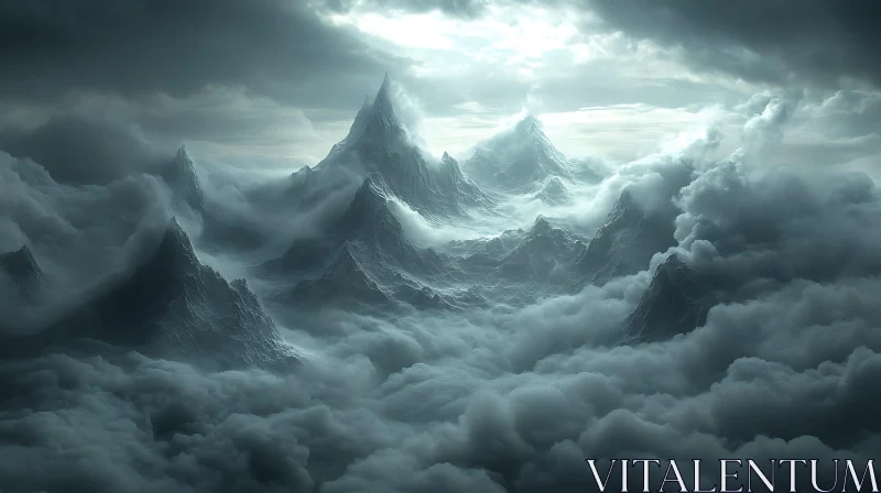 AI ART Cloud-Veiled Mountains