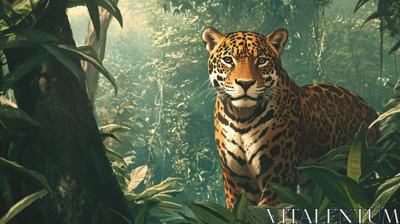 Wild Jaguar in Tropical Forest AI Image