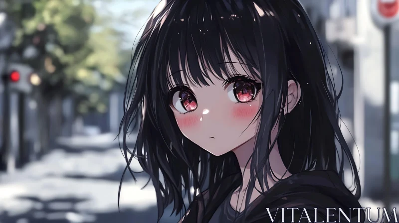 Anime Girl with Black Hair and Red Eyes in Urban Setting AI Image