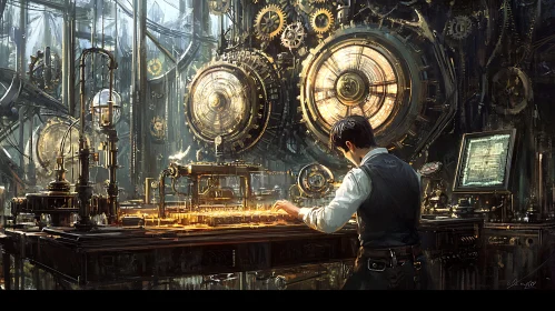 Man and Steampunk Machine