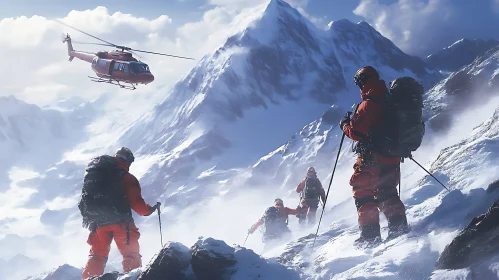 Mountaineers Climbing Snowy Mountain with Helicopter