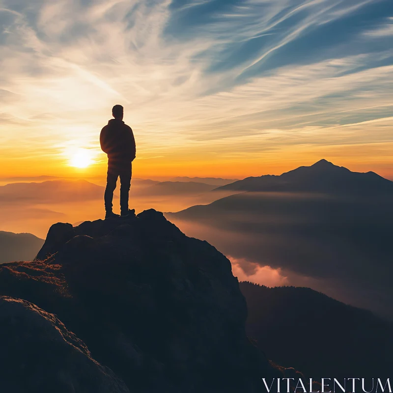 Man on Mountain Top Contemplating Sunset AI Image