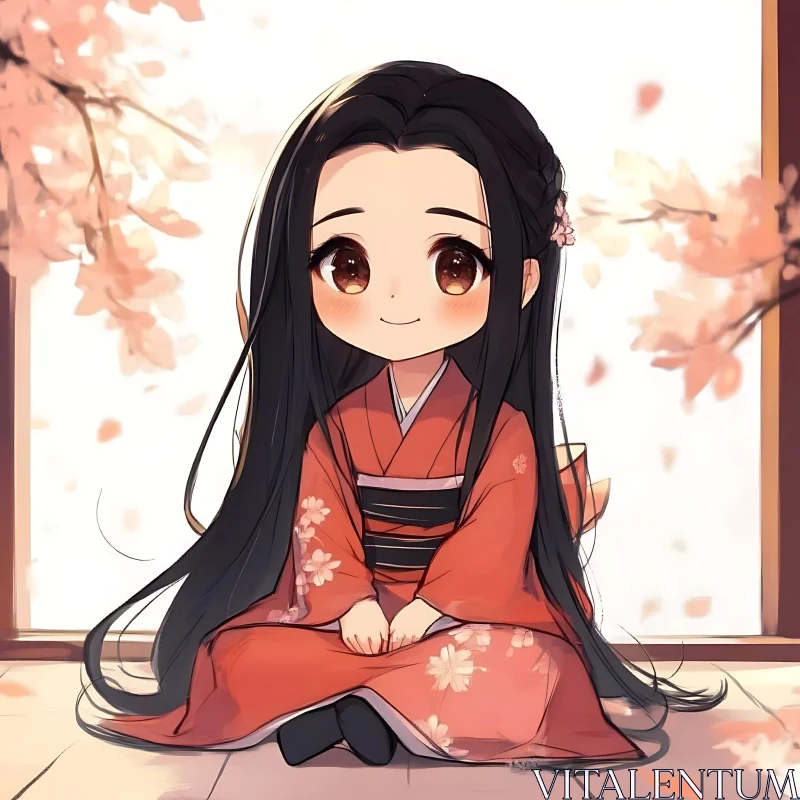 Cute Anime Girl in Traditional Kimono Surrounded by Cherry Blossoms AI Image