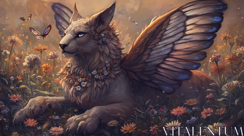 AI ART Fantasy Lion with Wings and Flowers