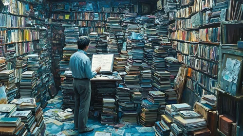 Man Reading in Overwhelmed Book Collection