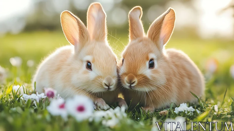 Pair of Rabbits in a Flower Field AI Image