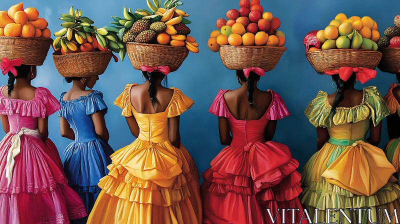 Colorful Dresses and Fruit Baskets Art AI Image