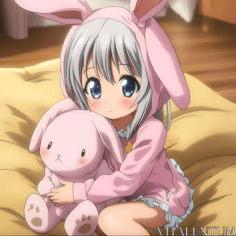 Cute Anime Girl Holding Bunny Plushie AI Image