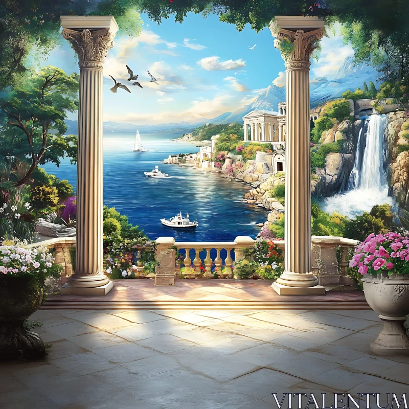 Coastal Vista with Classical Columns AI Image