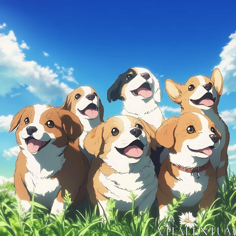 AI ART Joyful Group of Puppies in Bright Sunny Field