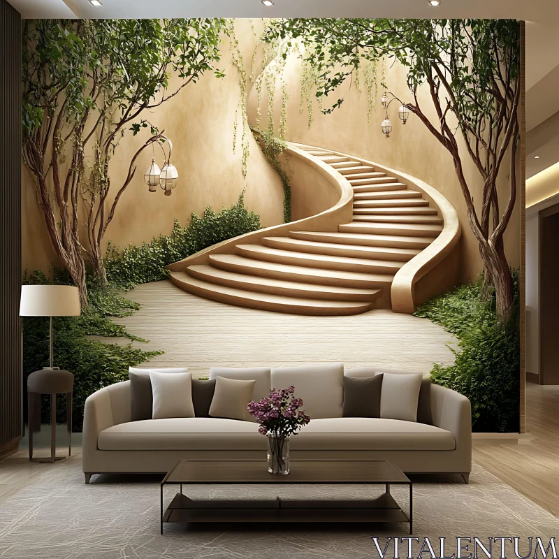 AI ART Elegant Interior Design featuring a Curved Staircase and Green Accents