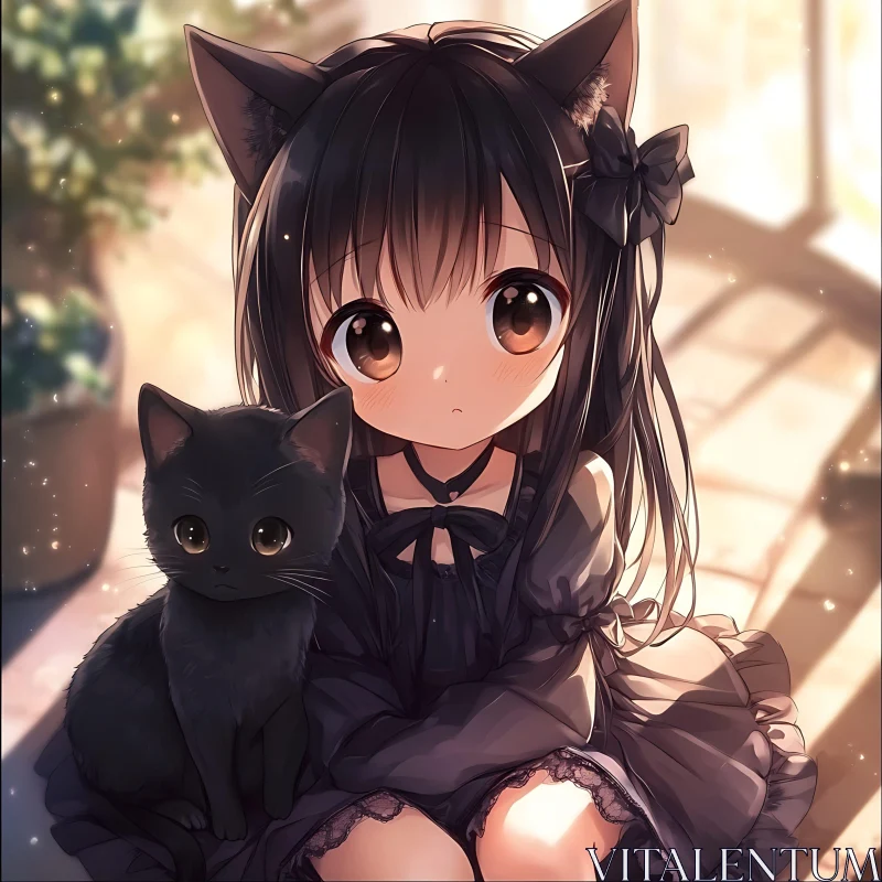 Adorable Anime Girl with Cat Ears and Black Cat AI Image