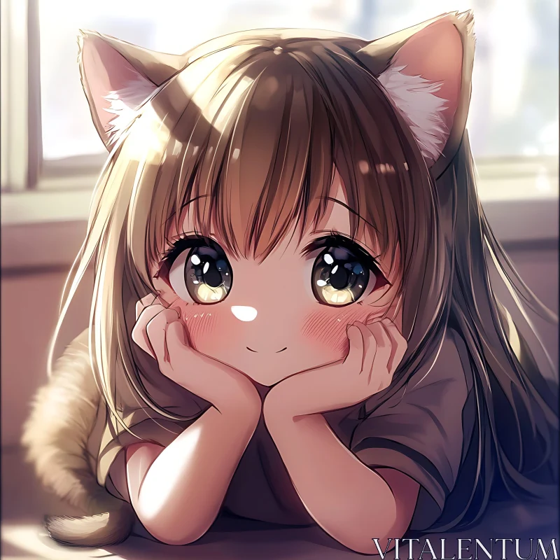 Cute Anime Catgirl with Blushing Expression AI Image