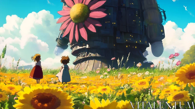 Whimsical Tower in a Sunny Field AI Image