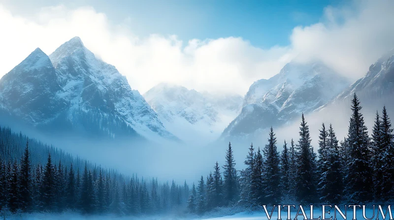 Snowy Peaks and Evergreen Forest AI Image