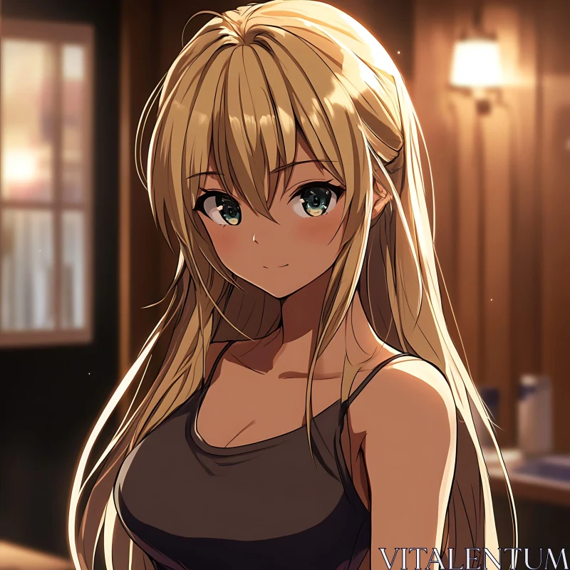 Blonde Anime Girl in Cozy Night Setting AI Image